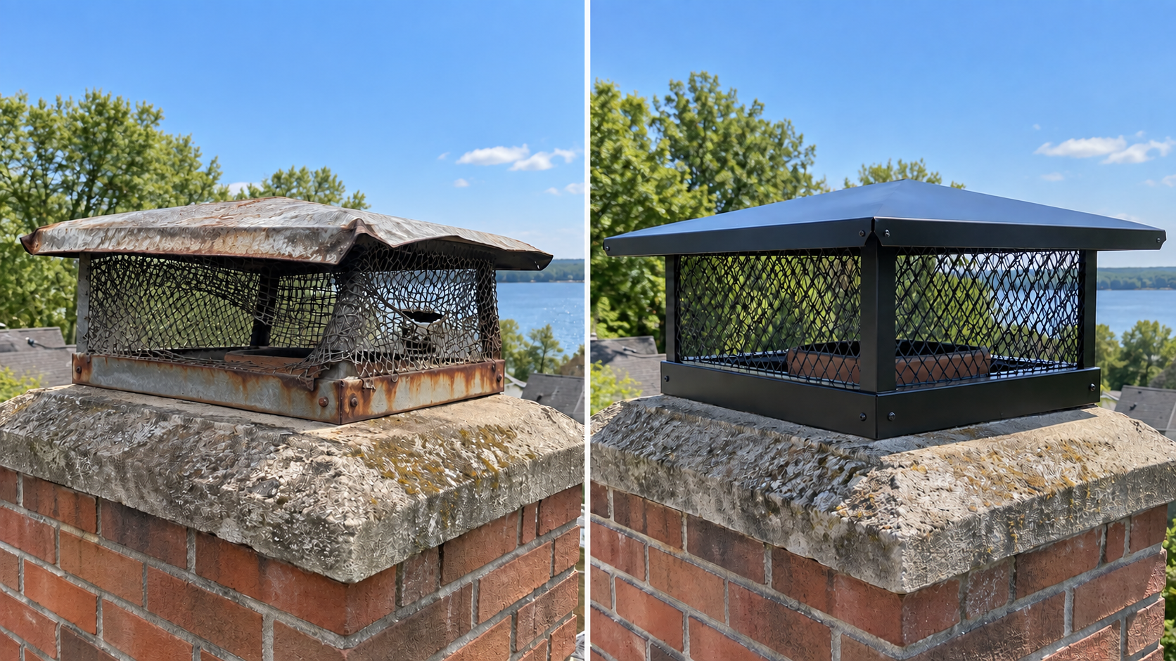 Before and after comparison of a rusted chimney cap and newly installed black cap in matching summer conditions